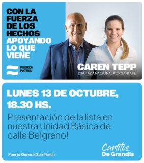 ¡Este lunes 13 de octubre, acompañemos a @carentepp y a @carlosdegrandis en la básica de calle Belgrano! Con la fuerza de los hechos, apoyemos lo que viene 💙