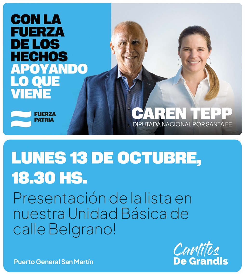 ¡Este lunes 13 de octubre, acompañemos a @carentepp y a @carlosdegrandis en la básica de calle Belgrano! Con la fuerza de los hechos, apoyemos lo que viene 💙